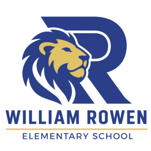 William Rowen Elementary School logo featuring a blue and gold lion integrated into the letter R.